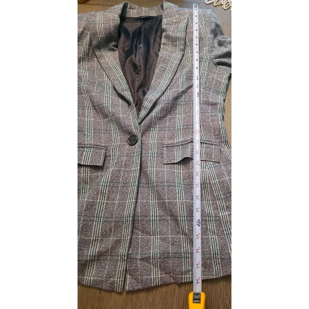 Able Ladies Elma Gray Evergreen Plaid 1 Button Blazer Jacket size S Cotton